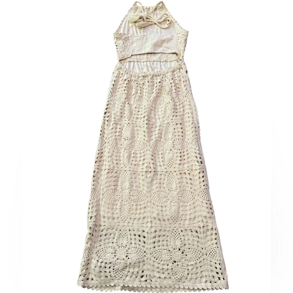 House of Harlow 1960 Ivory Crochet Knit Halter Cutout Back Maxi Dress NWOT - Picture 6 of 12